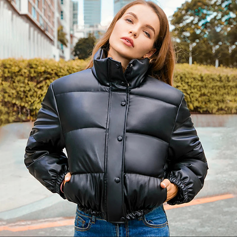 Winter Warm Thick PU Leather Coats Women Short Parkas Fashion Black Cotton Padded Lady Down Jacket Elegant Zipper