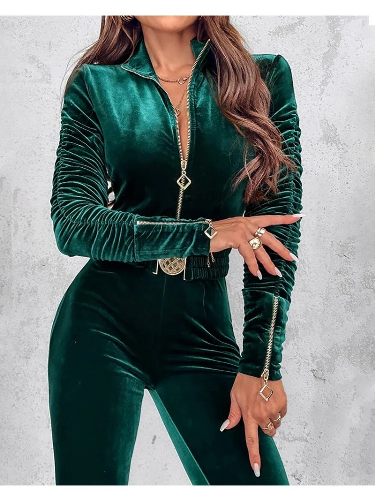 Velvet Zipper Design Jumpsuits for Women  Elegant Long Sleeve Jumpsuit with Elastic Waistbelt Overalls Woman Clothing