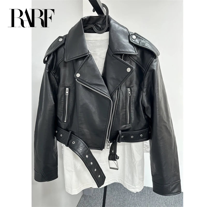 Women's washed leather jacket with belt, short coat with downgraded zipper and vintage lapel, e jacket