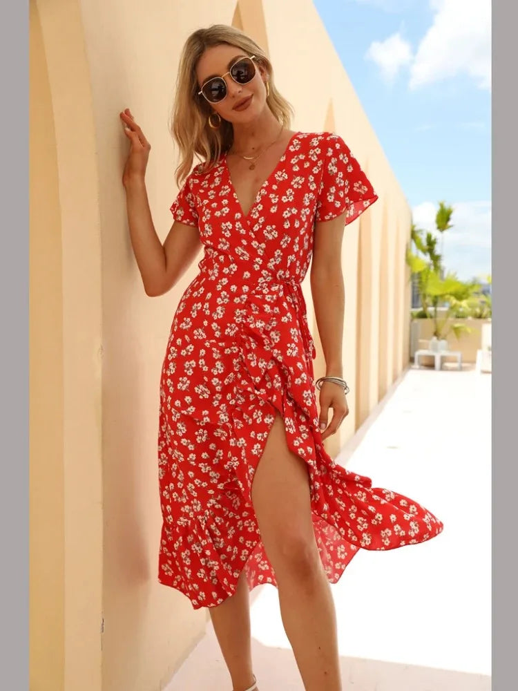 Women's Fashion Flounce Dresses Women V-neck Short Sleeve Printed  Elegant Long Dresses