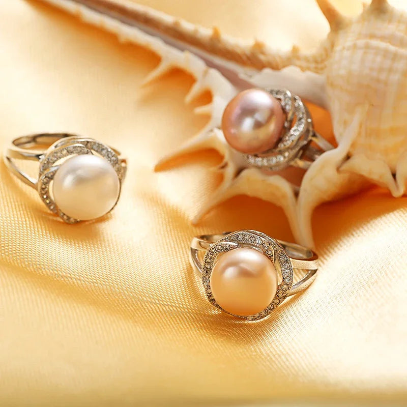 925 sterling silver jewelry  natural pearl rings stone ring adjustable white/pink/purple pearl