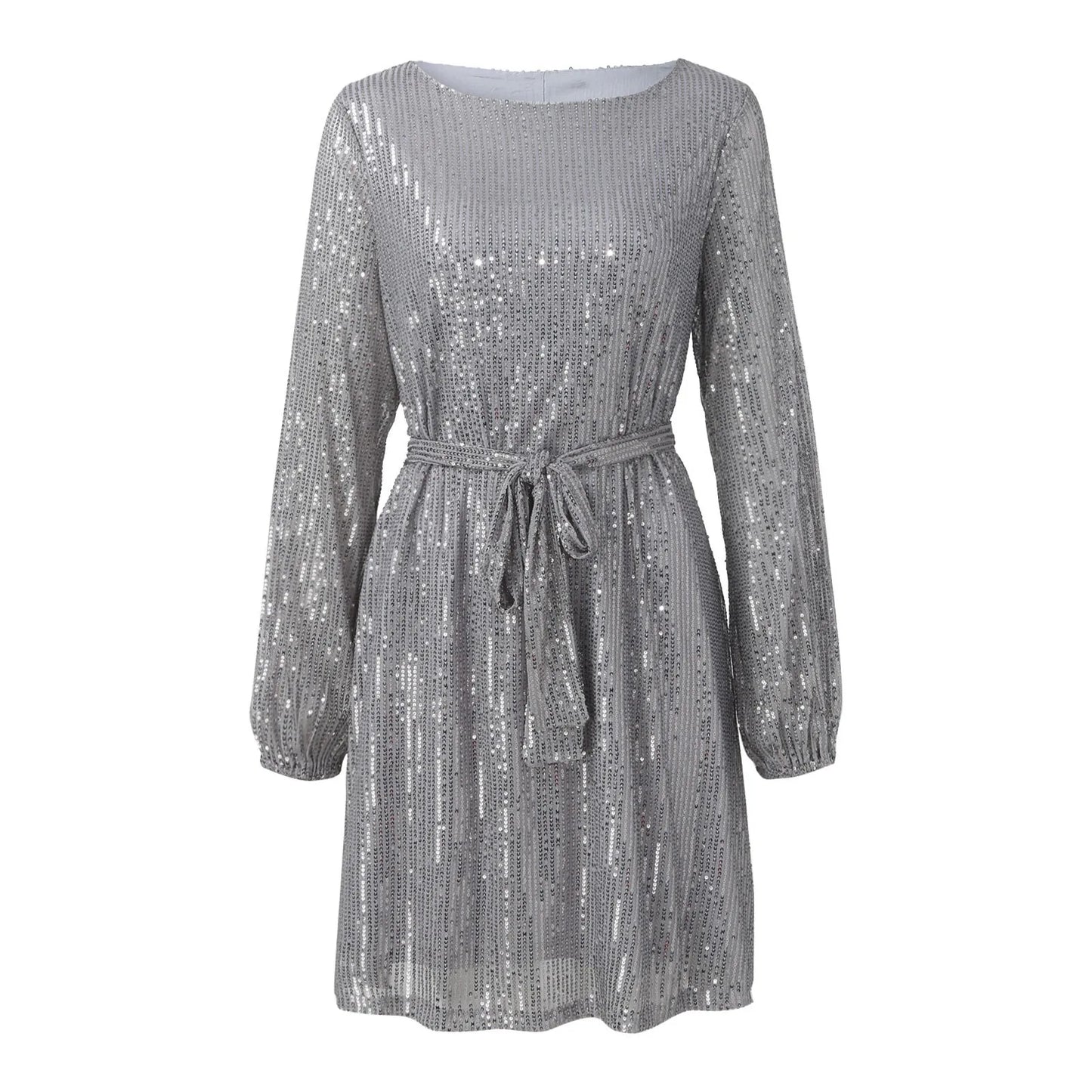 Women Puff Long Sleeve Glitter Sequin Dress with Belt