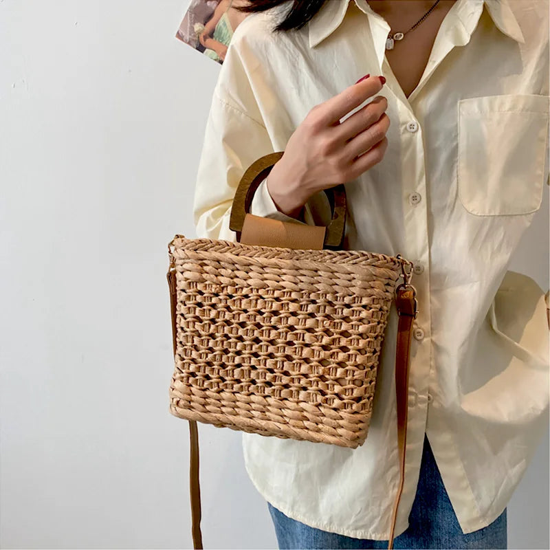 JIOMAY Straw Bags Summer 2023 Women Tote Bags Designer Handbags PurseS Weave Drawstring Closure Wooden Handle Beach Shoulder Bag - Ladyglow