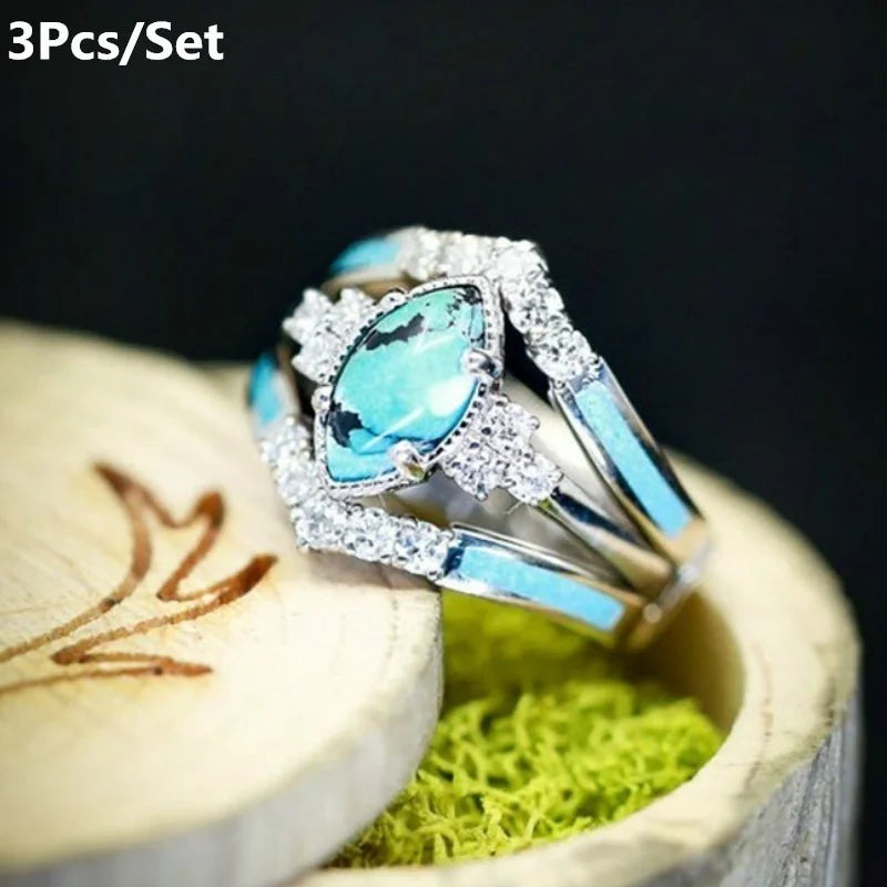 3Pcs/Set Elegant Fashion Silver Color Inlaid Green Stone Ring for Women Valentine's Day Promise Ring Girlfriend Birthday - Ladyglow