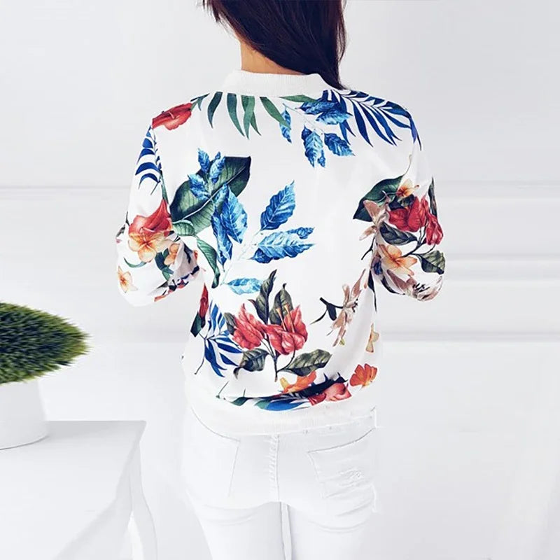 Women Jacket Fashion Ladies Retro Floral Zipper Up Bomber Jacket Casual Coat Spring Print Outwear - Ladyglow