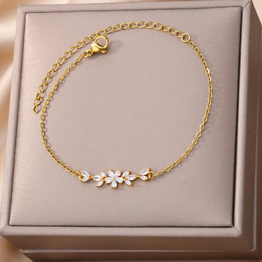 Elegant Zircon Flowers Bracelet For Women Girls Charm Gold Color Stainless Steel Plant Bracelets Luxury Designer Jewelry Gifts - Ladyglow