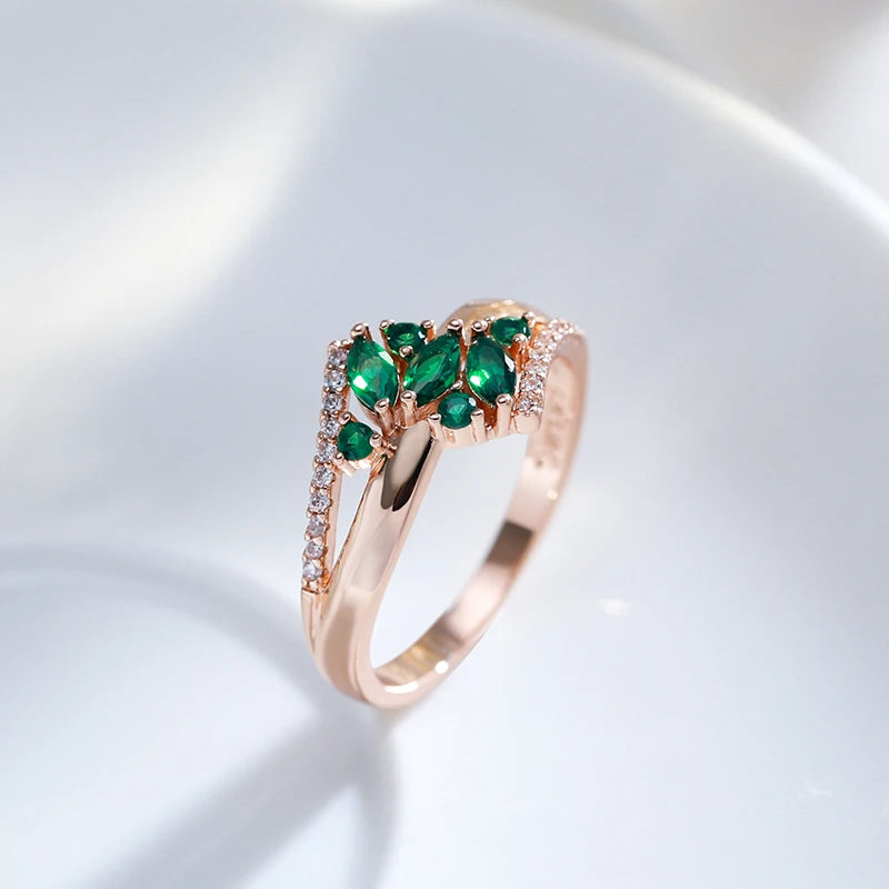 Luxury Green Natural Zircon Ring For Women 585 Rose Gold Color White Stone