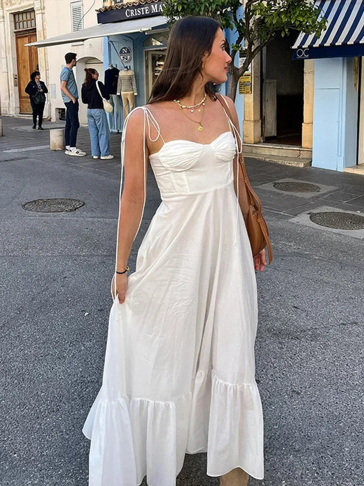 Linen Lace Up Dress Women White Sleeveless A-line Long Dresses Lady Beach Strap Robe