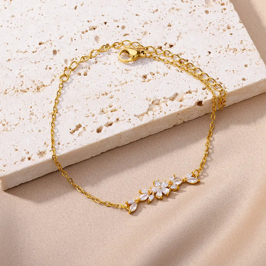 Elegant Zircon Flowers Bracelet For Women Girls Charm Gold Color Stainless Steel Plant Bracelets Luxury Designer Jewelry Gifts - Ladyglow