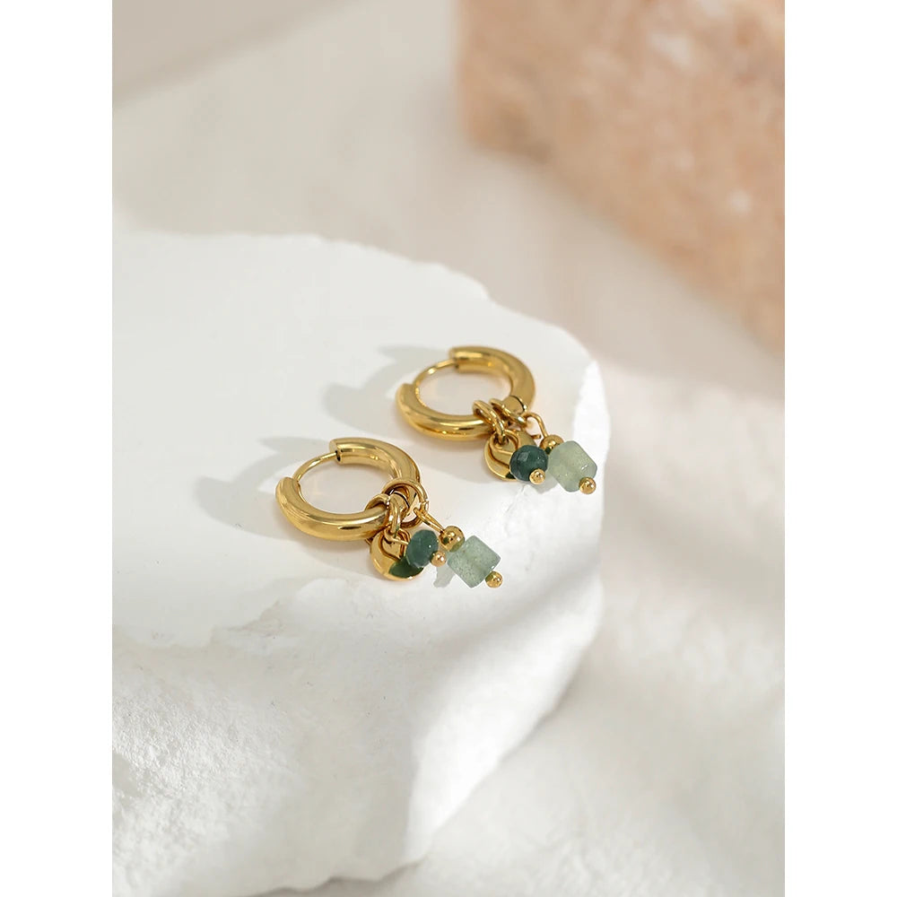 YACHAN 18K Gold Plated Stainless Steel Hoop Earrings for Women Vintage Green Natural Stone Charms Trendy Waterproof Jewelry - Ladyglow