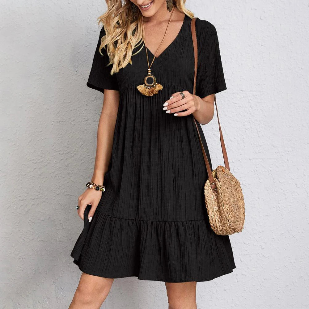 Summer Women Short Sleeve Mini Dress Ladies V Neck Vintage Loose - Ladyglow