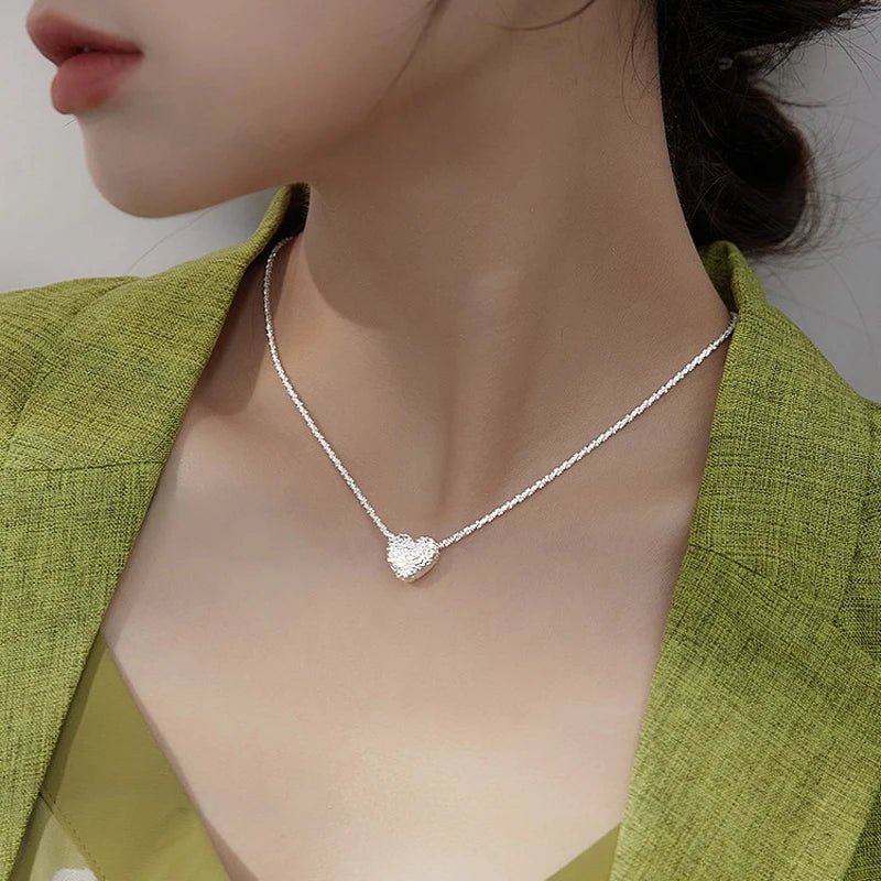 New 925 Sterling Silver Girls Hammer pattern Love Necklace Simple Heart shaped Pendant Women's Gift Boutique Jewelry NK153 - Ladyglow