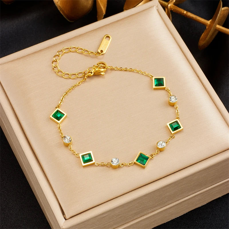 DIEYURO 316L Stainless Steel Green White Zircon Crystal Necklace Bracelets For Women Girl New Fashion Jewelry Set Gift Party - Ladyglow