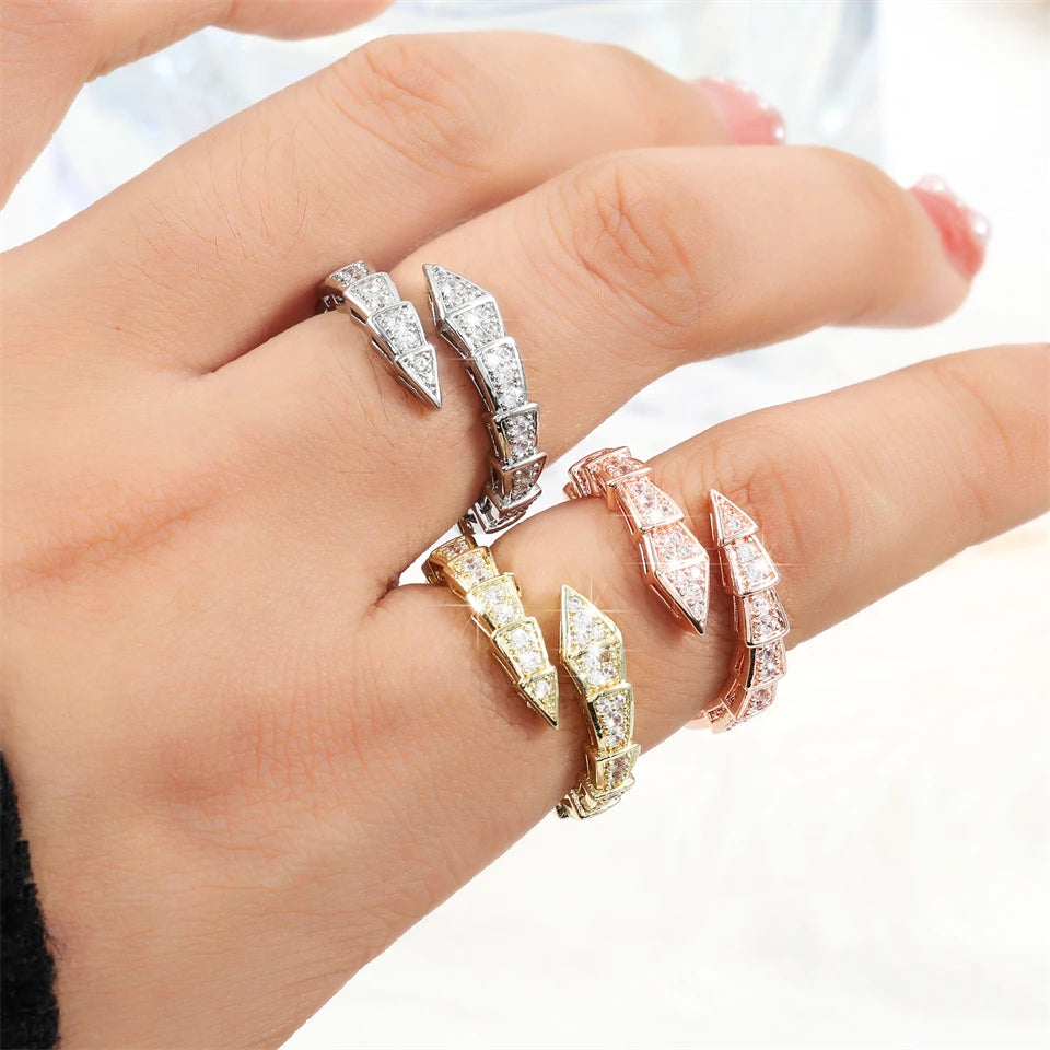 ZAKOL Luxury Shiny AAA Cubic Zirconia Snake Bone Open Rings Exquisite