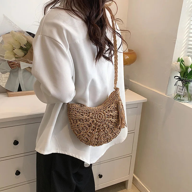 Fashion Semicircle Straw Woven Shoulder Crossbody Bag Travel Small Handbag Ladies Summer Handmade Rattan Tassel Design Beach Bag - Ladyglow