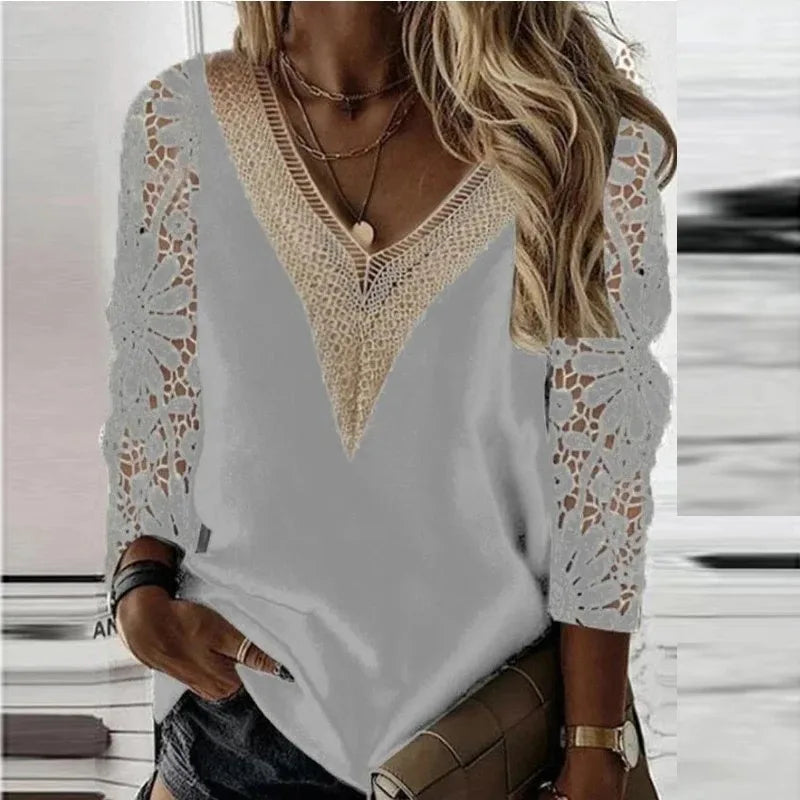 Elegant Long Sleeve Blouse Spring V-neck Stitching Hollow Out Lace Chiffon