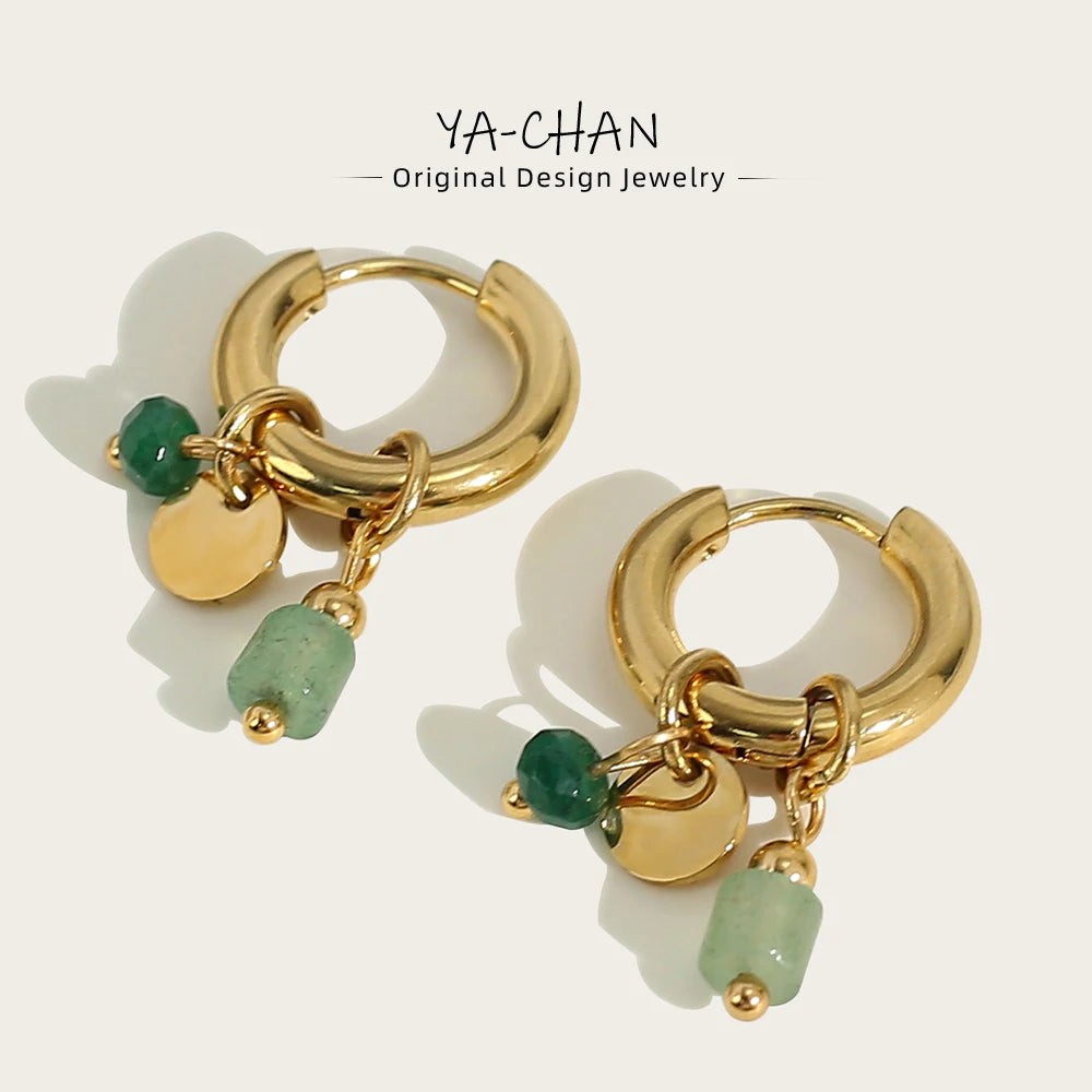 YACHAN 18K Gold Plated Stainless Steel Hoop Earrings for Women Vintage Green Natural Stone Charms Trendy Waterproof Jewelry - Ladyglow