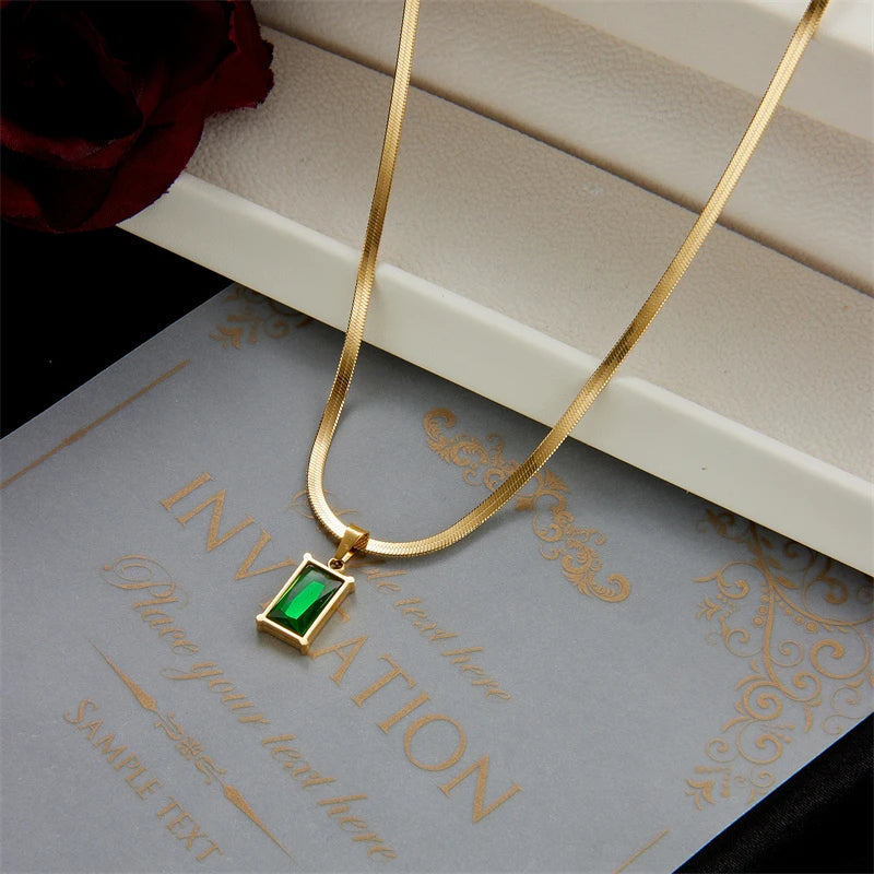 DIEYURO 316L Stainless Steel Square Green Crystal Zircon Necklace Earrings For Women Girl New Fashion Non-fading Jewelry Set - Ladyglow