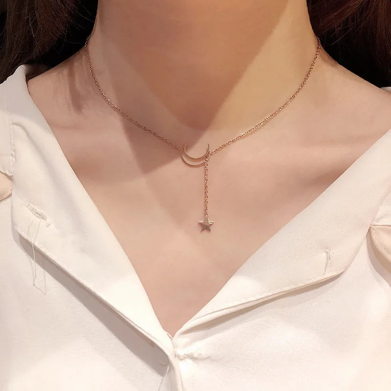 New Simple Moon Star Pendant Choker Necklace Simple Gold Color Alloy Charm Chain Collares Necklace For Women Party Jewelry - Ladyglow