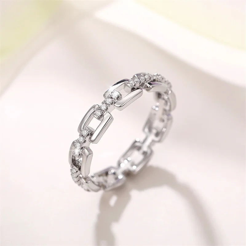 Trendy Jewelry Chain Shape Finger Ring for Women Silver Color Shiny Zirconia