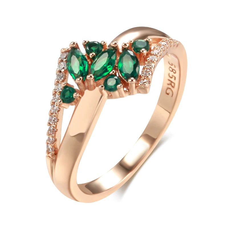 Luxury Green Natural Zircon Ring For Women 585 Rose Gold Color White Stone