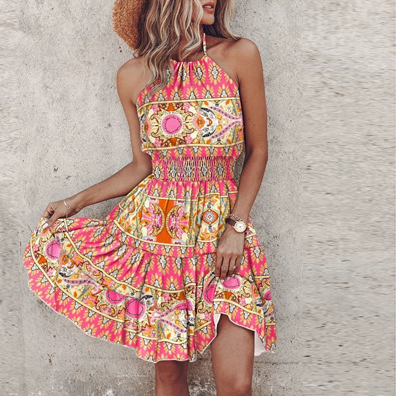 Summer Floral Print Mini Dress Halter Dresses For Women Casual Sleeveless Boho