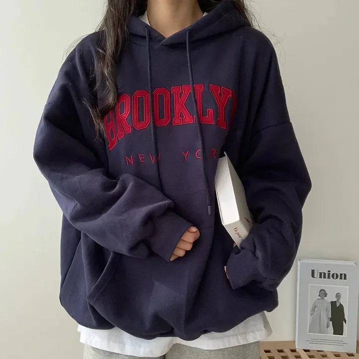 Letter Print Women Sweatshirt  Warm Full Sleeve Hoodies Ladies Streetwear Winter Pullovers Loose  Hooded Pocket