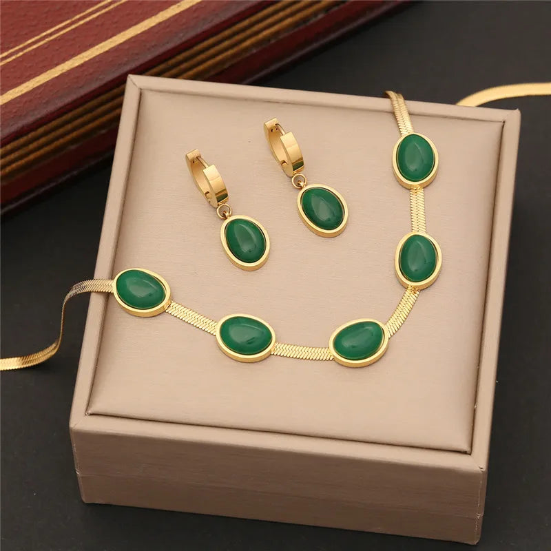 316L Stainless Steel Simple Flat Snake Chain Emerald Stone Pendant Bracelet Necklace Earring Set Indian Jewelry - Ladyglow