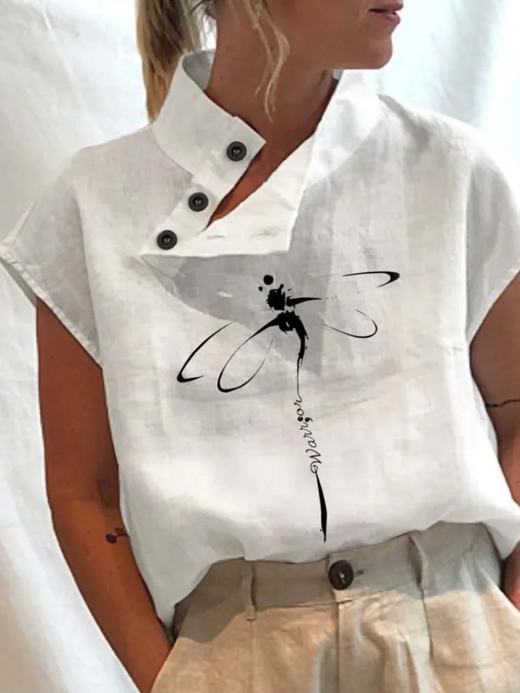 Leisure Summer Blouse Women Tops Vintage Floral Print Short Sleeve White Blouses Casual Buttons Slit Stand Neck Top Blusas