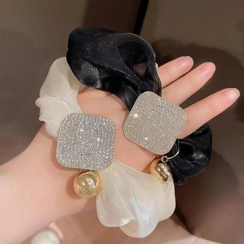 Alloy Rhinestone Square Hair Ties Scrunchies Elegant Ponytail Rope  High Elasticity Rubber Bands