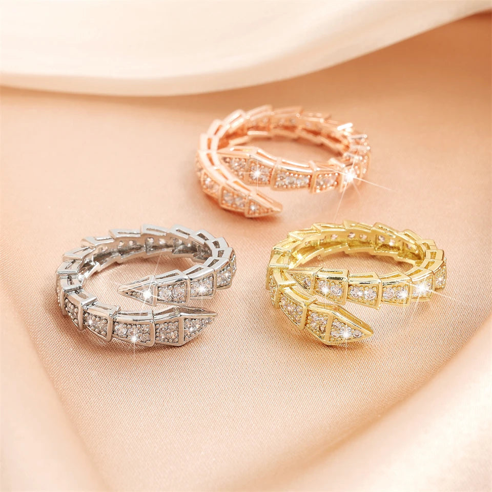 ZAKOL Luxury Shiny AAA Cubic Zirconia Snake Bone Open Rings Exquisite