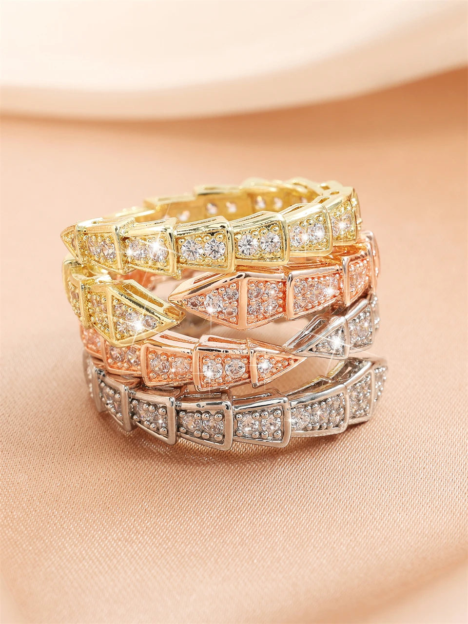 ZAKOL Luxury Shiny AAA Cubic Zirconia Snake Bone Open Rings Exquisite