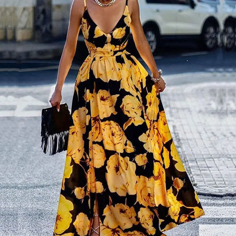 Women Fashionable V-Neck Printed Camisole Dress With High Waist Slit Camisole Dress