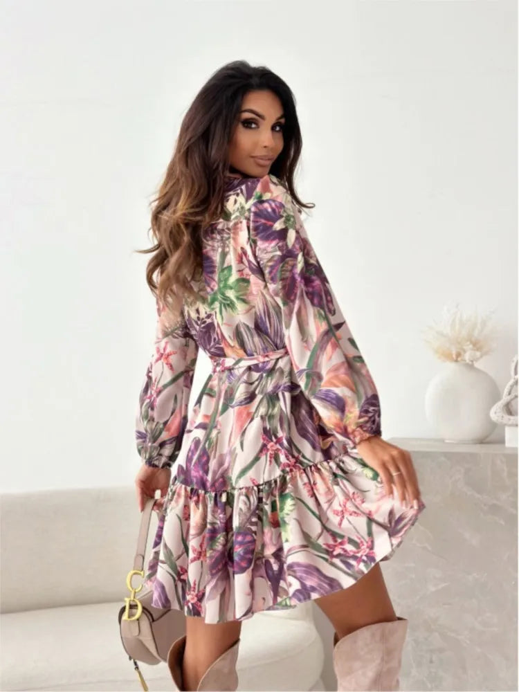 Fashion Floral Print Shirt Dress Women Long Sleeve Elegant Office Ladies Clothes V-neck Lace Up Dresses