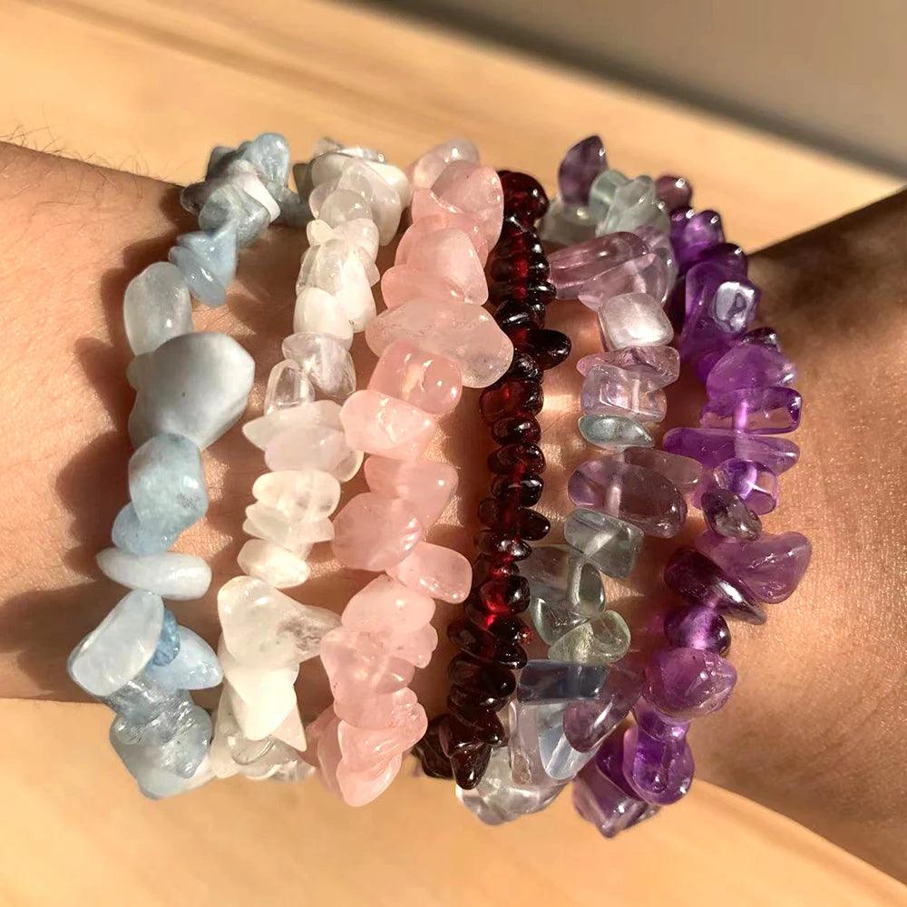 Natural Crystal Gemstone Irregular Energy Stone Bracelet Beads Chips Jewelry Amethys Aquamarine Rose Quartz Bracelets for Women - Ladyglow