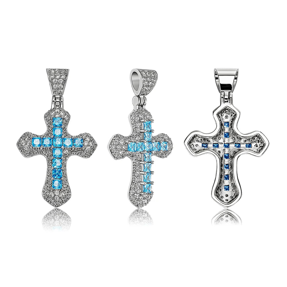 TOPGRILLZ New Classic Shiny Cross Necklace Iced Baguette Blue Zirconia Pendant Fashion Female Religious Jesus Hip Hop Jewelry - Ladyglow