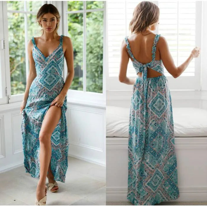 Women Dress Summer Bohemian Floral Print Long Dresses  V Neck