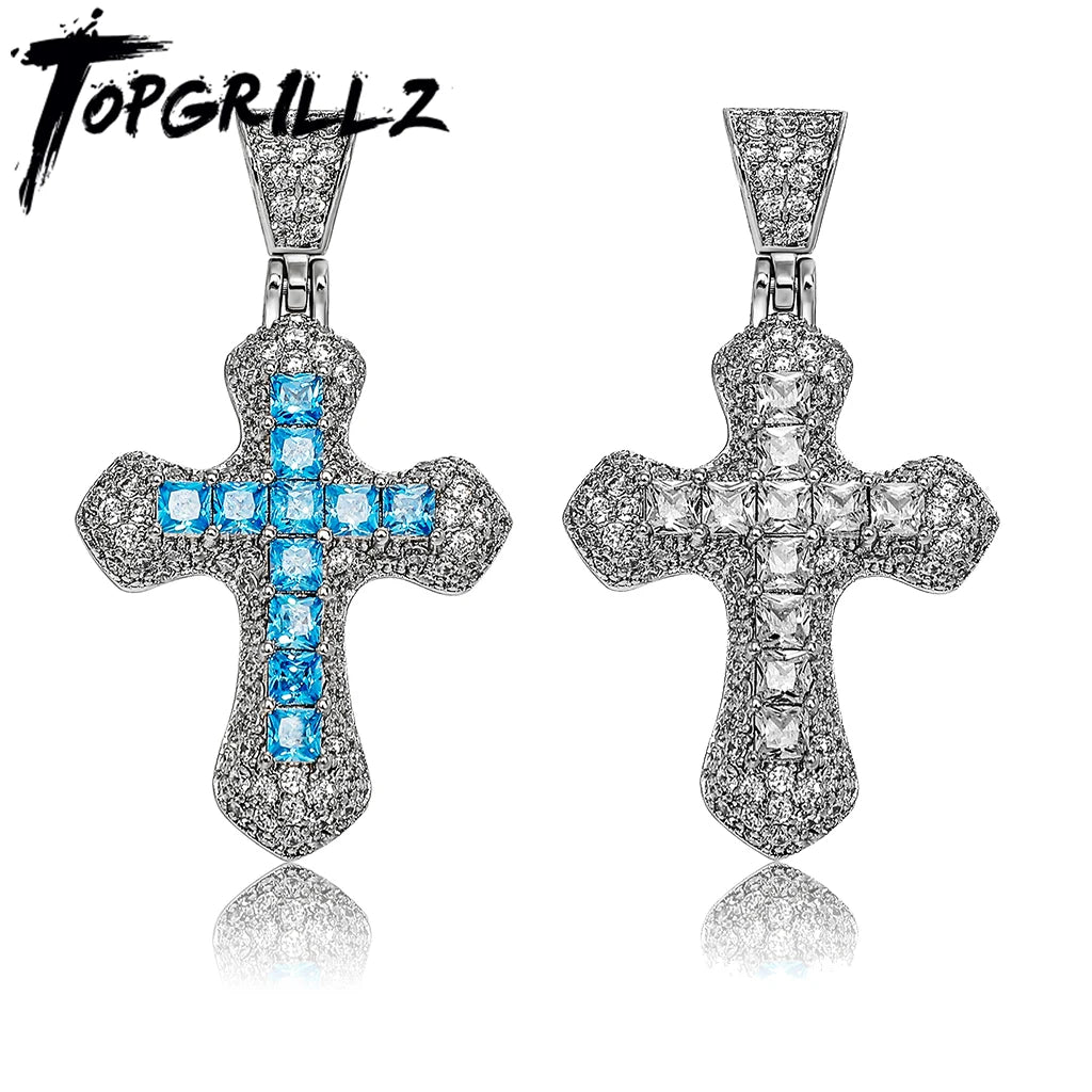 TOPGRILLZ New Classic Shiny Cross Necklace Iced Baguette Blue Zirconia Pendant Fashion Female Religious Jesus Hip Hop Jewelry - Ladyglow