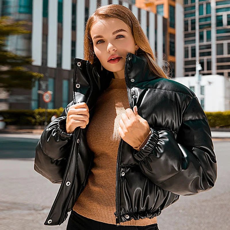 Winter Warm Thick PU Leather Coats Women Short Parkas Fashion Black Cotton Padded Lady Down Jacket Elegant Zipper