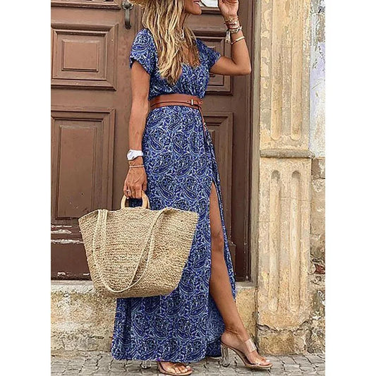 Women Dress Summer Trend V-Neck High Slit Irregular Midi Dress Retro Vintage Print Slim With Belt