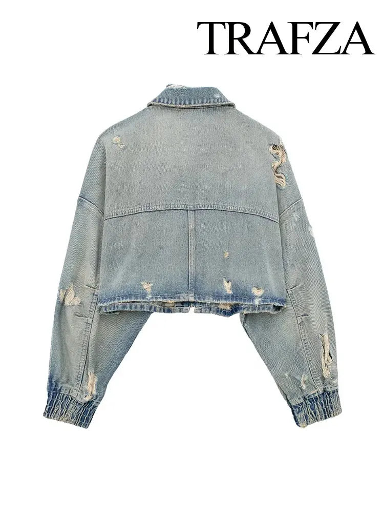 Autumn Women's Hole Decorated Denim Short Jacket O-neck Long Sleeve Zipper Loose Jacket Women's Short Top