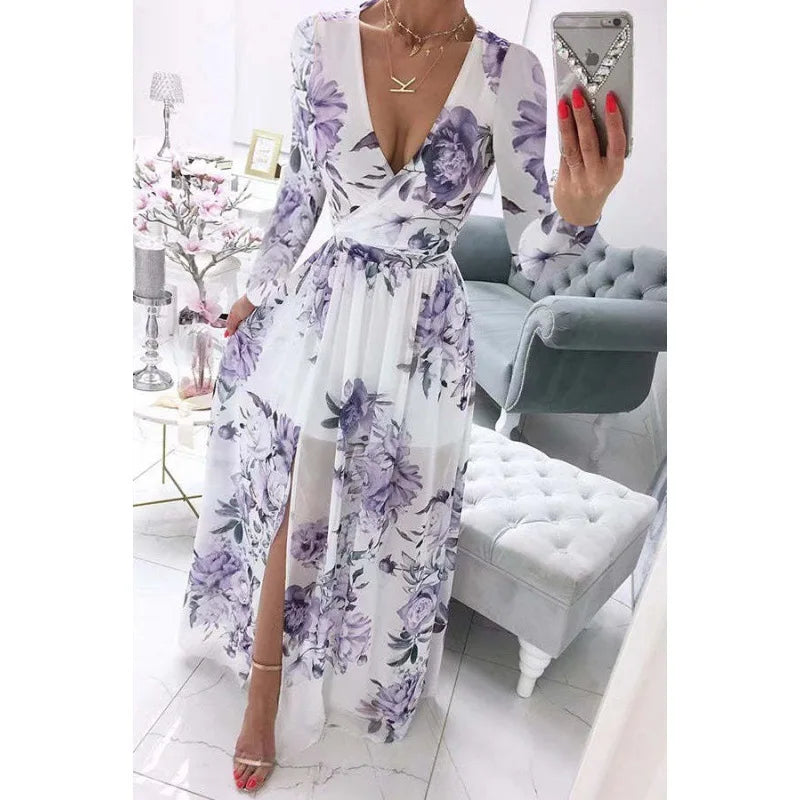 Independent station wish Express new summer long-sleeved V-neck chiffon print Bohemian