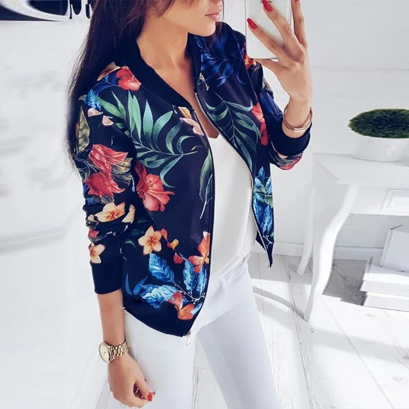 Women Jacket Fashion Ladies Retro Floral Zipper Up Bomber Jacket Casual Coat Spring Print Outwear - Ladyglow