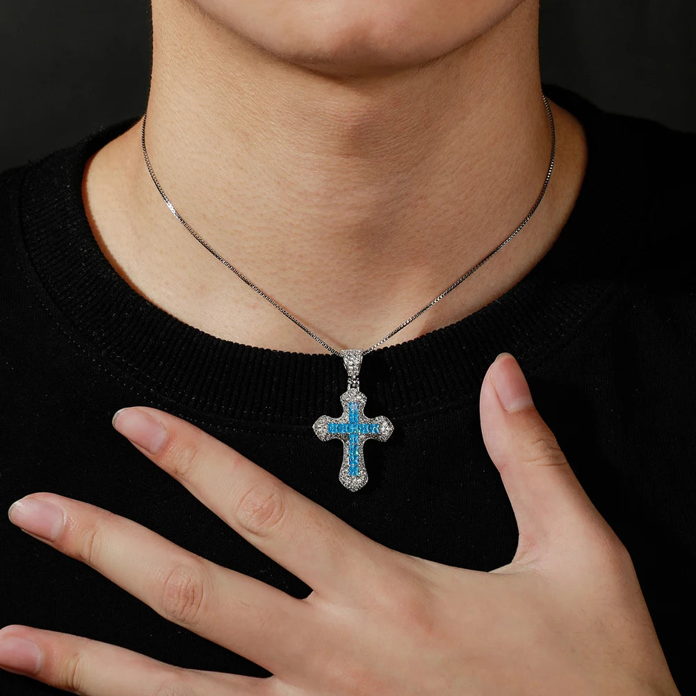 TOPGRILLZ New Classic Shiny Cross Necklace Iced Baguette Blue Zirconia Pendant Fashion Female Religious Jesus Hip Hop Jewelry - Ladyglow