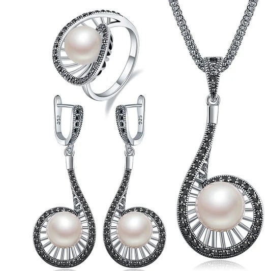 Vintage Pearl Jewelry Set For Women White Pearl Drop Earrings Luxury Ring Necklace