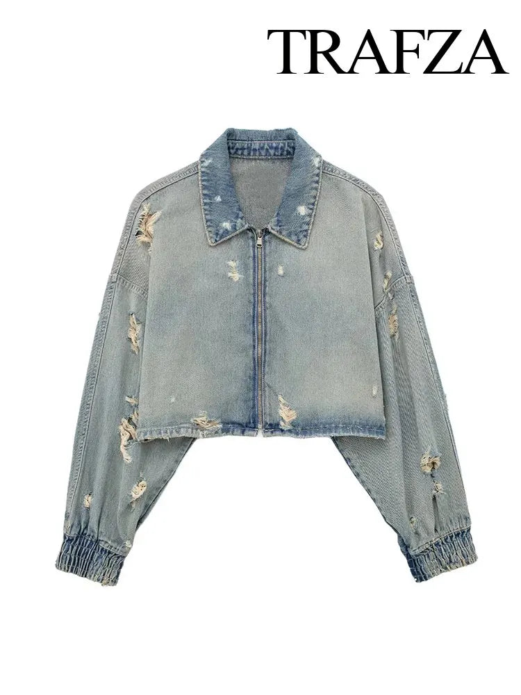 Autumn Women's Hole Decorated Denim Short Jacket O-neck Long Sleeve Zipper Loose Jacket Women's Short Top