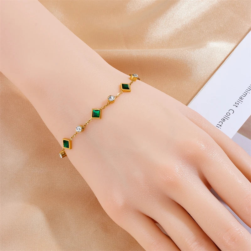 DIEYURO 316L Stainless Steel Green White Zircon Crystal Necklace Bracelets For Women Girl New Fashion Jewelry Set Gift Party - Ladyglow