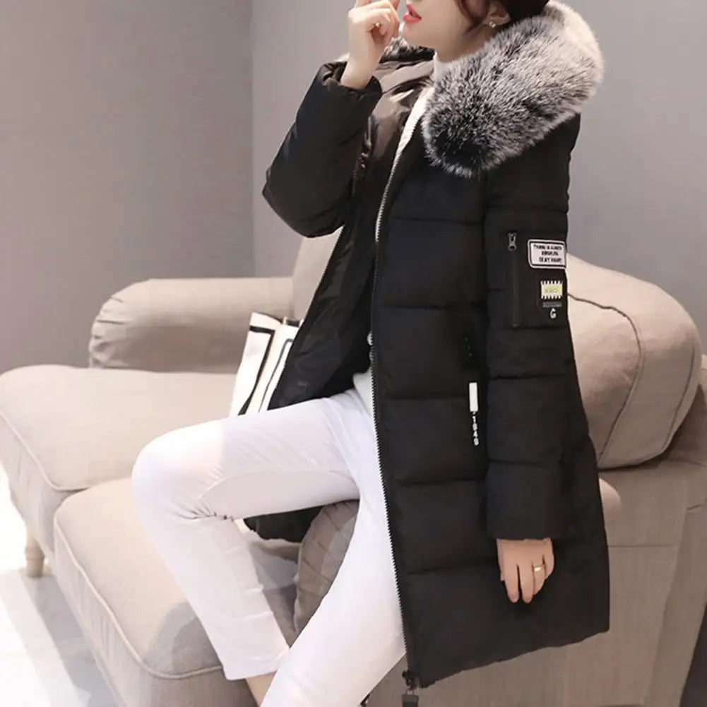 Women Winter Cotton Coat Hooded Mid Length Outerwear Windproof Warm Long Sleeve Jacket