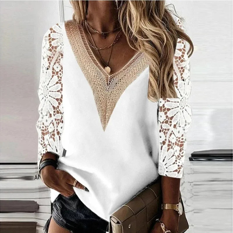 Elegant Long Sleeve Blouse Spring V-neck Stitching Hollow Out Lace Chiffon