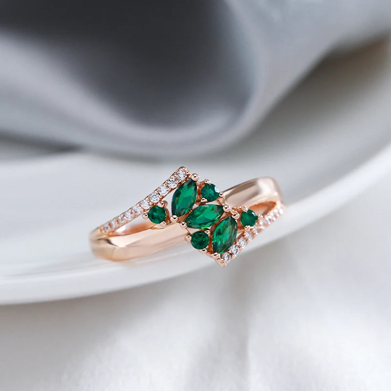 Luxury Green Natural Zircon Ring For Women 585 Rose Gold Color White Stone